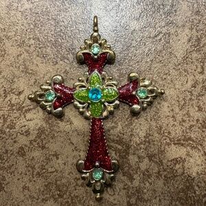 Vintage Miriam Haskell Red Green Enamel Rhinestone Cross Pendant Gold Tone #8